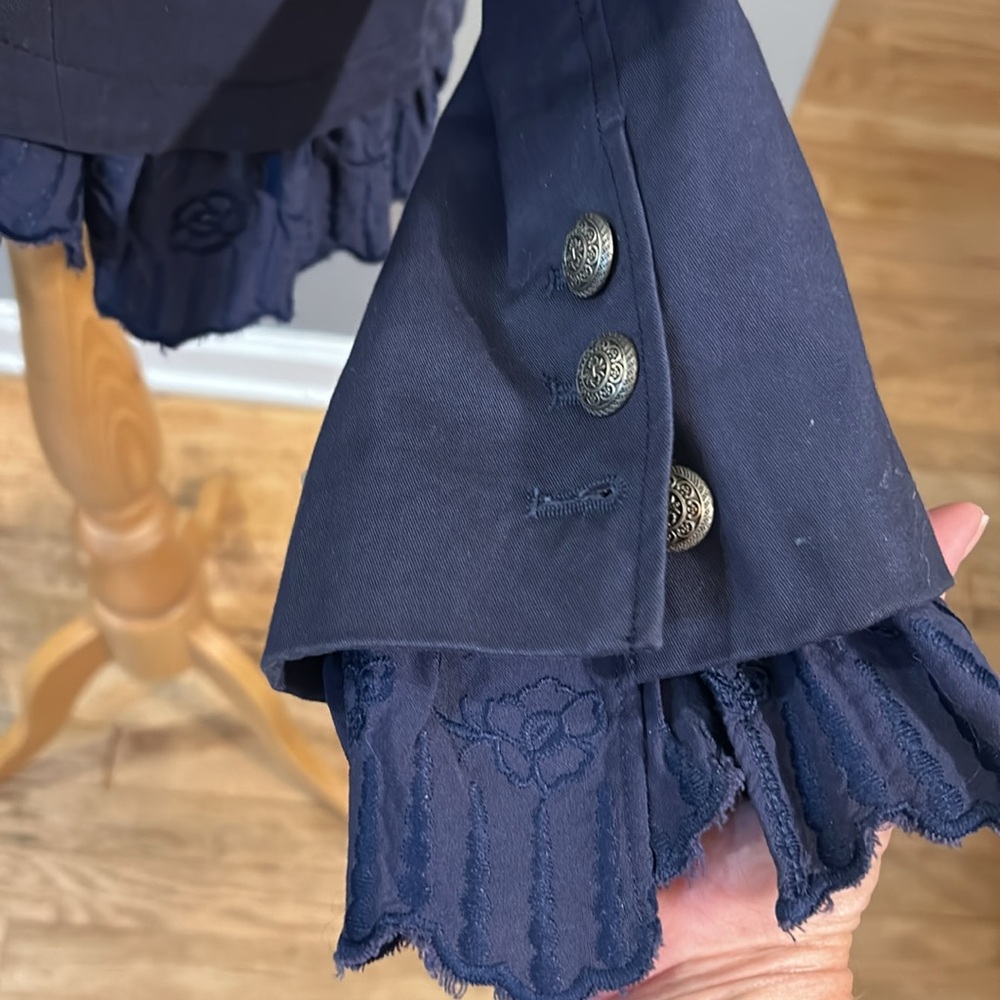 Sundance Navy Blazer with Ruffle Trim military style ladies size small S GUC - Picture 3 of 16
